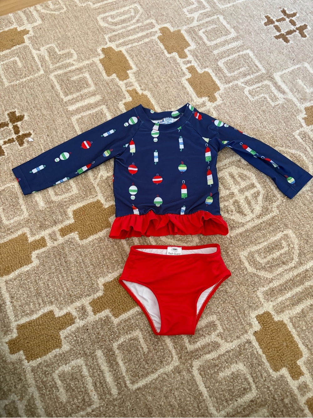 Girls' Navy Blue and Red Long-Sleeve Rashguard Two-Piece Swim Set